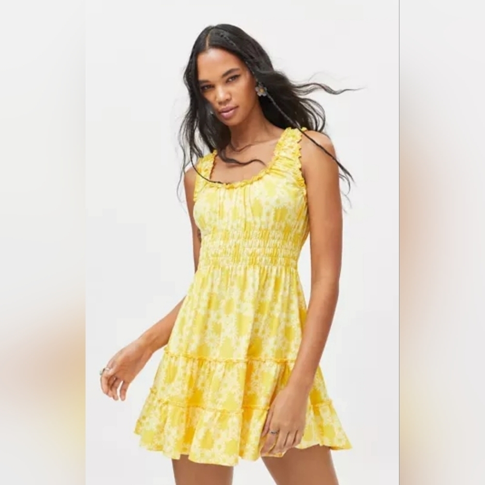 Urban Outfitters Yellow Floral Smocked Mini Dress, Size M